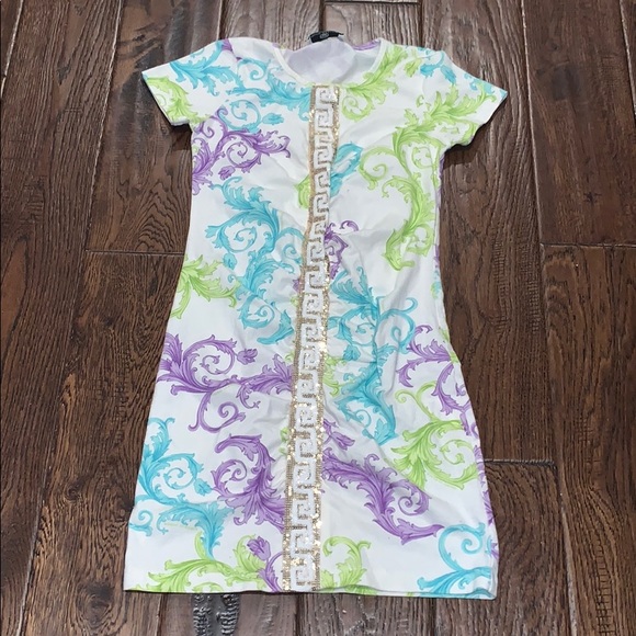 Versace Other - VINTAGE YOUNG VERSACE WHITE BLUE PURLE GOLD DRESS